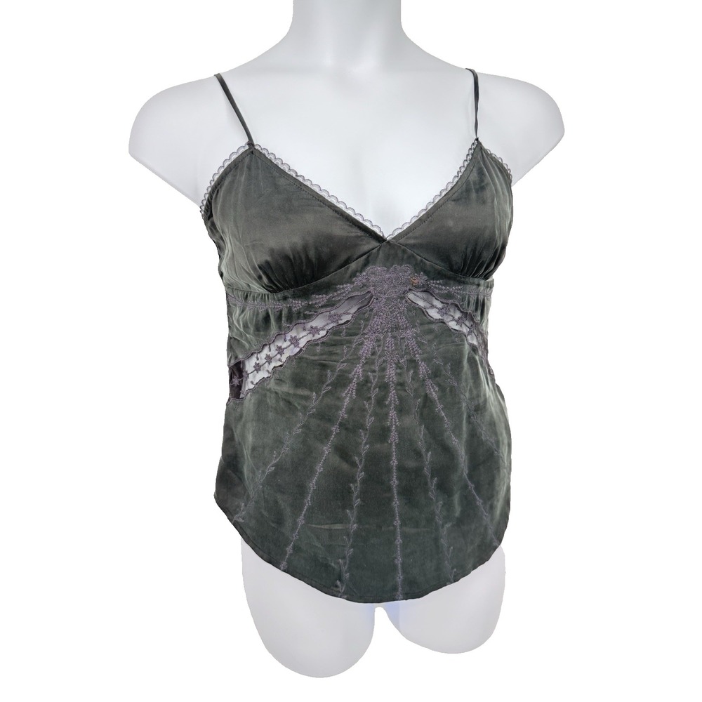 Vtg Y2K Silk Lace Coquette Black Cami witchy vamp sheer costume whimsigoth fairy